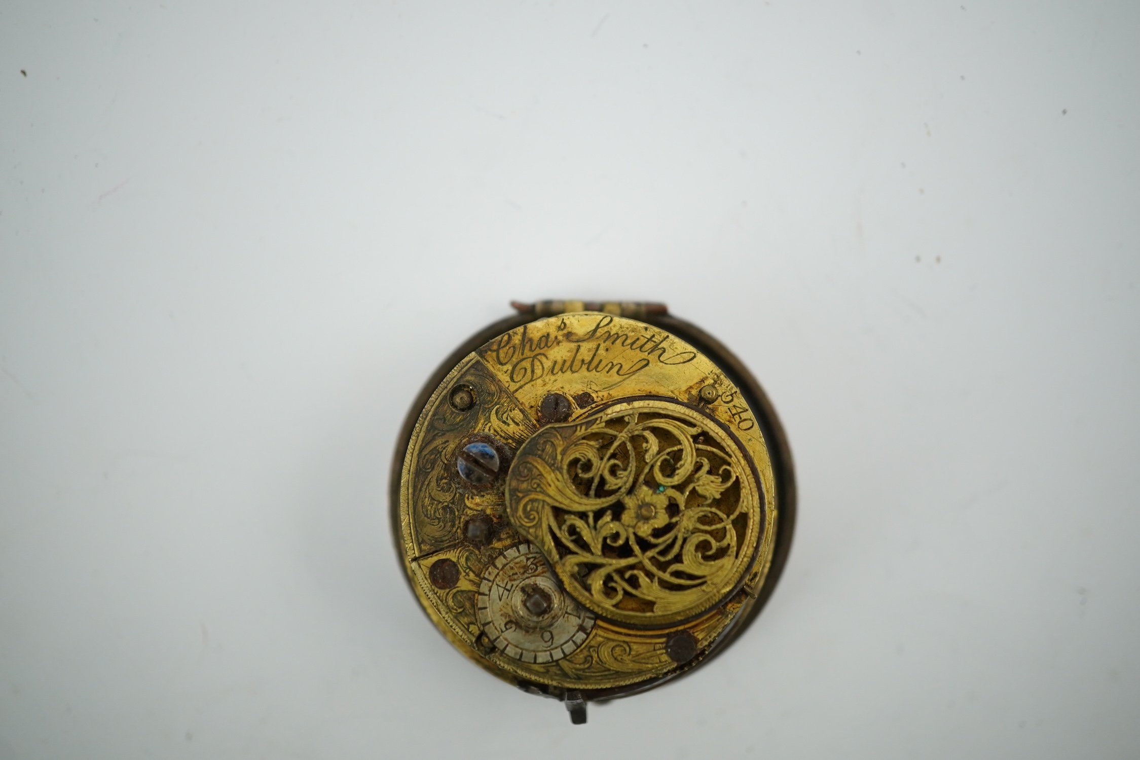 A George III silver verge key wind pocket watch, by Smith of Dublin, with painted dial, case diameter 41mm, lacking hands and glass. Condition - poor.